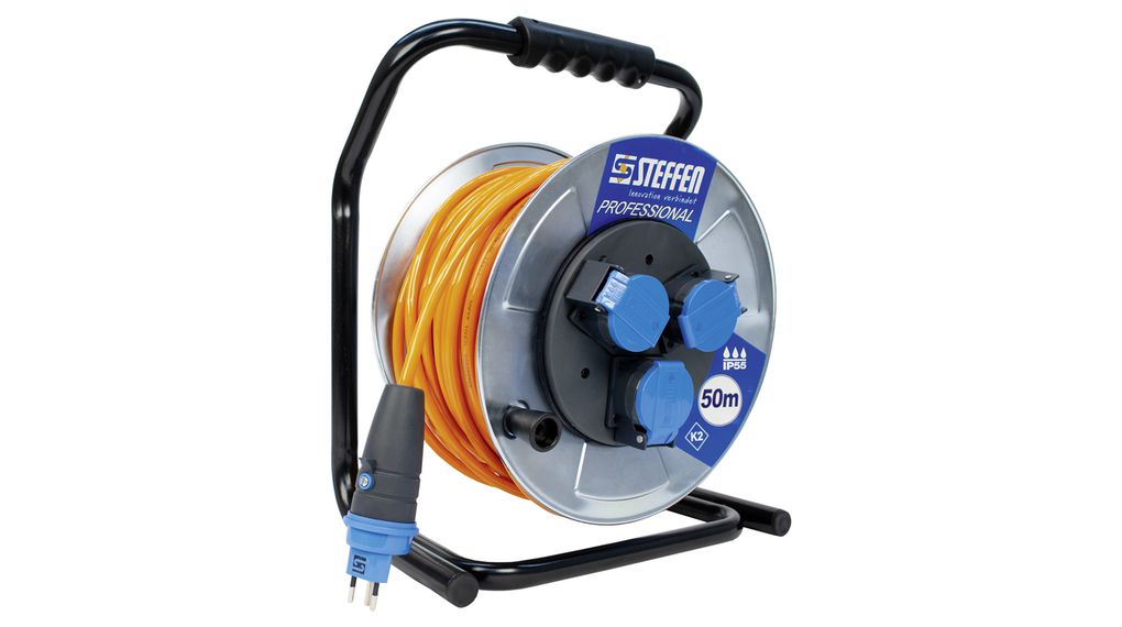 Extension Cable Reel PROFESSIONAL Black / Grey IP55 PUR 50m 3x CH Type J (T13) Socket - CH Type J (T12) Plug